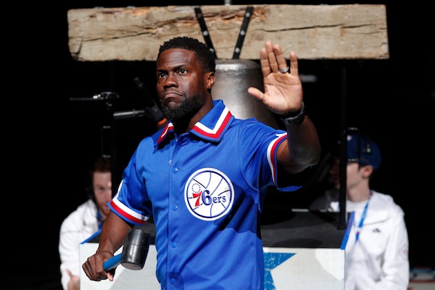 Kevin Hart comes out to ring the bell prior to first half in Game 2 of a first-round NBA basketball playoff series between the Miami Heat and the Philadelphia 76ers, Monday, April 16, 2018, in Philadelphia. The Heat won 113-103. (AP Photo/Chris Szagola)