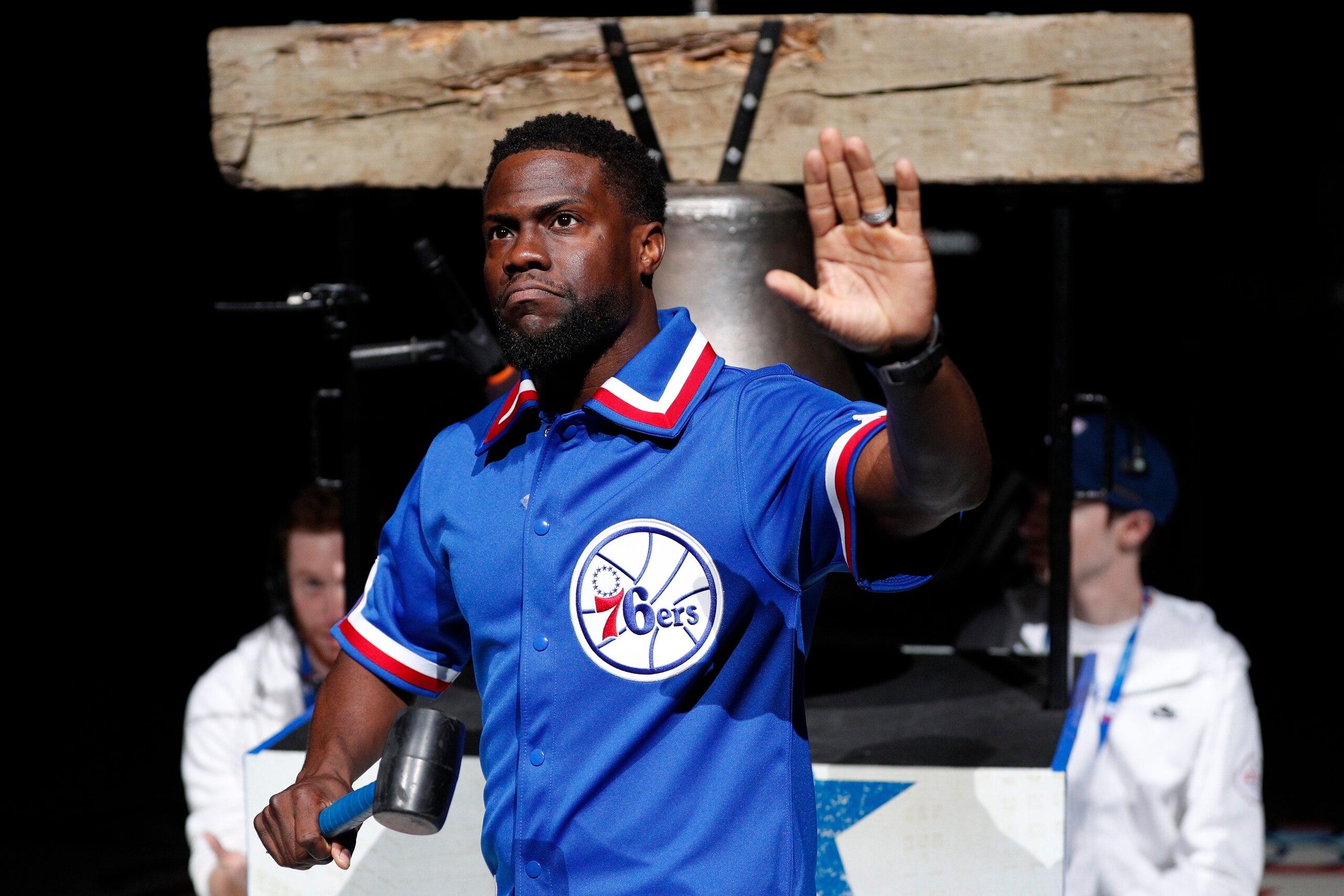 Kevin Hart comes out to ring the bell prior to first half in Game 2 of a first-round NBA basketball playoff series between the Miami Heat and the Philadelphia 76ers, Monday, April 16, 2018, in Philadelphia. The Heat won 113-103. (AP Photo/Chris Szagola)