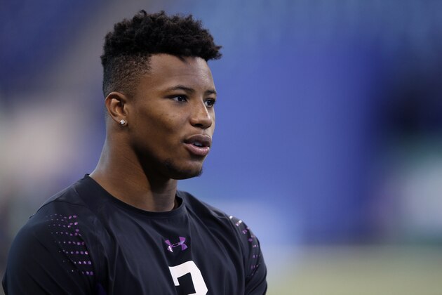 INDIANAPOLIS, IN - MARCH 02: Penn State running back Saquon Barkley looks on during the 2018 NFL Combine at Lucas Oil Stadium on March 2, 2018 in Indianapolis, Indiana. (Photo by Joe Robbins/Getty Images)