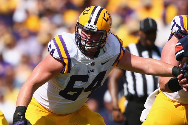 BATON ROUGE, LA - SEPTEMBER 19:  William Clapp #64 of the LSU Tigers at Tiger Stadium on September 19, 2015 in Baton Rouge, Louisiana.  (Photo by Ronald Martinez/Getty Images)