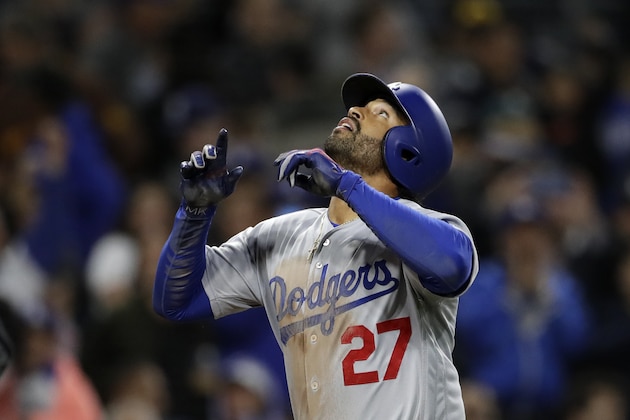 Los Angeles Dodgers' Matt Kemp reacts after hitting a three-run home run during the third inning of a baseball game against the San Diego Padres Monday, April 16, 2018, in San Diego. (AP Photo/Gregory Bull) Los Angeles Dodgers' Matt Kemp reacts after hitting a three-run home run during the third inning of a baseball game against the San Diego Padres Monday, April 16, 2018, in San Diego. (AP Photo/Gregory Bull)