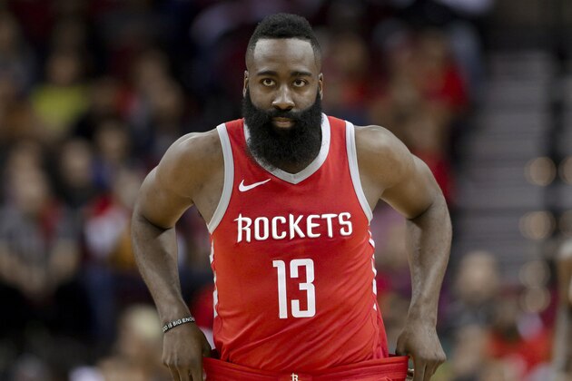 Houston Rockets guard James Harden (13) reacts to a foul call during the first half of an NBA basketball game against the Oklahoma City Thunder Saturday, April 7, 2018, in Houston. (AP Photo/Michael Wyke)