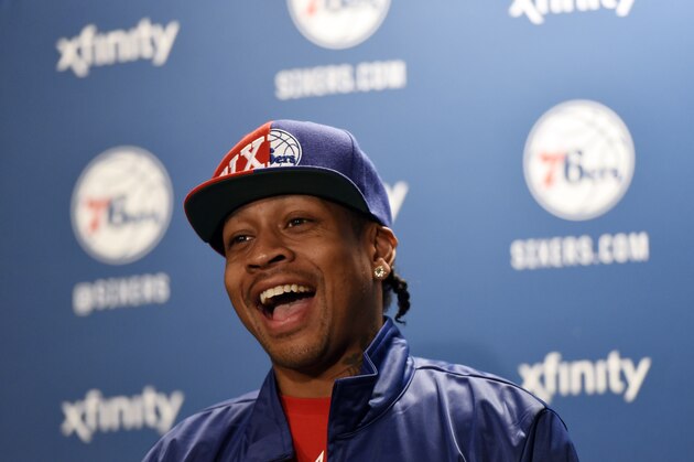 Philadelphia 76ers' Allen Iverson talks to reporters during a news conference before an NBA basketball game against the New York Knicks, Friday, April 8, 2016, in Philadelphia. Iverson has been inducted into the Basketball Hall of Fame. (AP Photo/Michael Perez)
