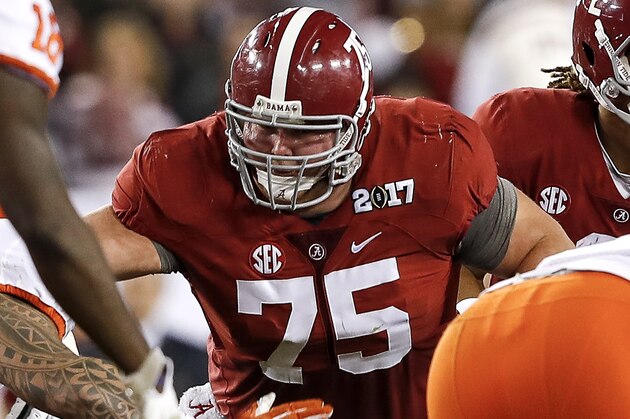 TAMPA, FL - JANUARY 09: Center Bradley Bozeman #75 of the Alabama Crimson Tide during the 2017 College Football Playoff National Championship Game against the Clemson Tigers at Raymond James Stadium on January 9, 2017 in Tampa, Florida. The Clemson Tigers defeated The Alabama Crimson Tide 35 to 31. (Photo by Don Juan Moore/Getty Images)