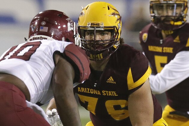 Arizona State offensive lineman Sam Jones (76) in the second half during an NCAA college football game against New Mexico State, Thursday, Aug. 31, 2017, in Tempe, Ariz. Arizona State defeated New Mexico State 37-31. (AP Photo/Rick Scuteri)