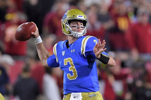 FILE - In this Nov. 18, 2017, file photo, UCLA quarterback Josh Rosen passes during the first half of an NCAA college football game against Southern California in Los Angeles. Every quarterback prospect in the upcoming NFL draft has a major flaw or drawback that keeps them from being the consensus best one of the bunch. (AP Photo/Mark J. Terrill, File)