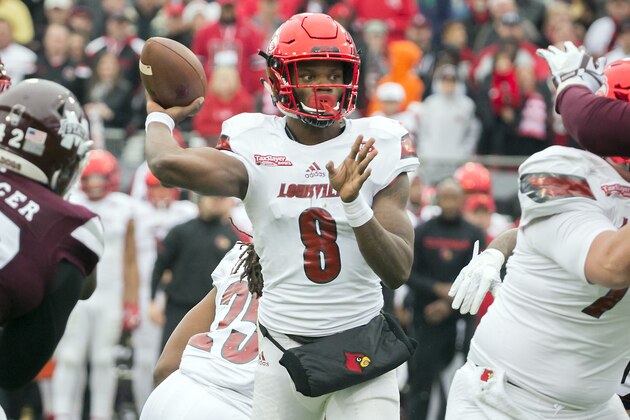 Louisville quarterback Lamar Jackson (8) passes the ball against Mississippi State during the first half of the TaxSlayer Bowl NCAA college football game, Saturday, Dec. 30, 2017, in Jacksonville, Fla. (AP Photo/Stephen B. Morton)