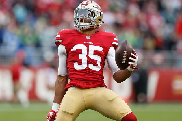 SANTA CLARA, CA - NOVEMBER 26: Eric Reid #35 celebrates after intercepting a pass against the Seattle Seahawks at Levi's Stadium on November 26, 2017 in Santa Clara, California. (Photo by Lachlan Cunningham/Getty Images)