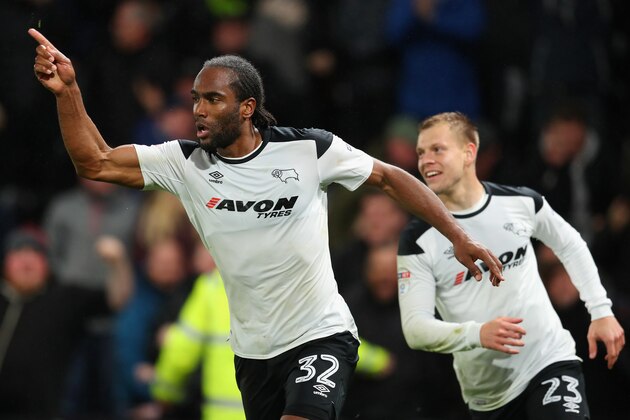 DERBY, ENGLAND - APRIL 24:  Cameron Jerome of Derby County celebrates after scoring his sides first goal during the Sky Bet Championship match between Derby County and Cardiff City at iPro Stadium on April 24, 2018 in Derby, England.  (Photo by Catherine Ivill/Getty Images)