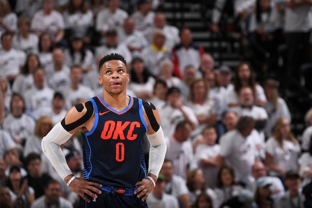 SALT LAKE CITY, UT - APRIL 23:  Russell Westbrook #0 of the Oklahoma City Thunder looks on during the game against the Utah Jazz in Game Four of Round One of the 2018 NBA Playoffs on April 23, 2018 at vivint.SmartHome Arena in Salt Lake City, Utah. NOTE TO USER: User expressly acknowledges and agrees that, by downloading and/or using this Photograph, user is consenting to the terms and conditions of the Getty Images License Agreement. Mandatory Copyright Notice: Copyright 2018 NBAE (Photo by Garrett Ellwood/NBAE via Getty Images)