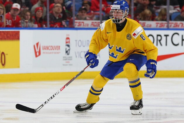 BUFFALO, NY - JANUARY 5: Rasmus Dahlin #8 of Sweden in play against Canada during the Gold medal game of the IIHF World Junior Championship at KeyBank Center on January 5, 2018 in Buffalo, New York. Canada beat Sweden 3-1. (Photo by Kevin Hoffman/Getty Images)