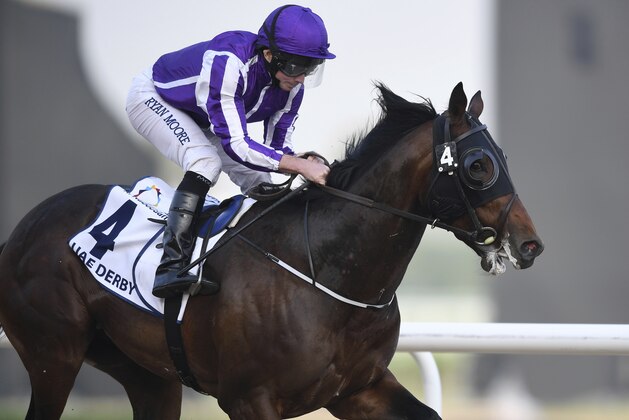 Mendelssohn with jockey Ryan Moore wins the $2 million Group 2 UAE Derby over 1900m in Dubai, the United Arab Emirates, Saturday, March 31, 2018. (AP Photo/Martin Dokoupil)