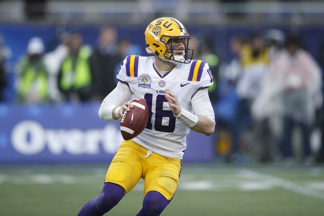 ORLANDO, FL - JANUARY 01: Danny Etling #16 of the LSU Tigers looks to pass against the Notre Dame Fighting Irish during the Citrus Bowl on January 1, 2018 in Orlando, Florida. Notre Dame won 21-17. (Photo by Joe Robbins/Getty Images)
