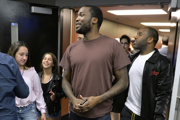 PHILADELPHIA, PA - APRIL 24:  Meek Mill arrives at the arena before the game between the Philadelphia 76ers and the Miami Heat in Game Five of Round One of the 2018 NBA Playoffs on April 24, 2018 at the Wells Fargo Center in Philadelphia, Pennsylvania. NOTE TO USER: User expressly acknowledges and agrees that, by downloading and/or using this Photograph, user is consenting to the terms and conditions of the Getty Images License Agreement. Mandatory Copyright Notice: Copyright 2018 NBAE (Photo by David Dow/NBAE via Getty Images)
