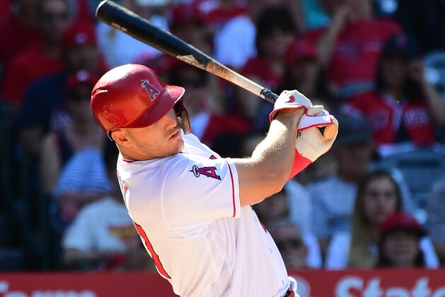 ANAHEIM, CA - APRIL 22:  Mike Trout #27 of the Los Angeles Angels of Anaheim hits a two run home run in the eighth inning of the game against the San Francisco Giants at Angel Stadium on April 22, 2018 in Anaheim, California.  (Photo by Jayne Kamin-Oncea/Getty Images)