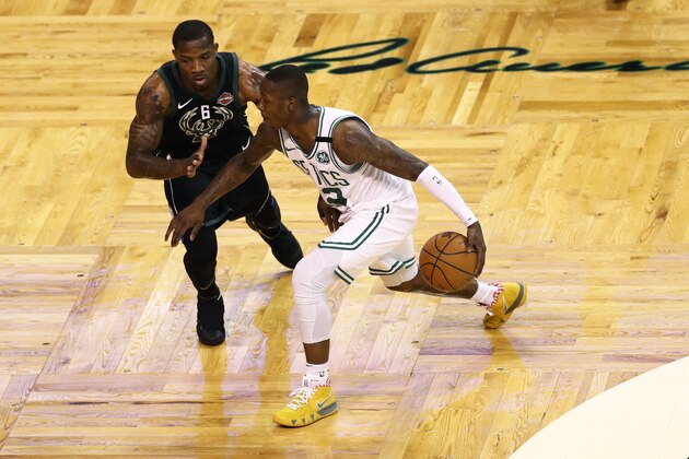 BOSTON, MA - APRIL 24: Eric Bledsoe #6 of the Milwaukee Bucks defends Terry Rozier #12 of the Boston Celtics during the first quarter of Game Five in Round One of the 2018 NBA Playoffs at TD Garden on April 24, 2018 in Boston, Massachusetts. (Photo by Maddie Meyer/Getty Images)