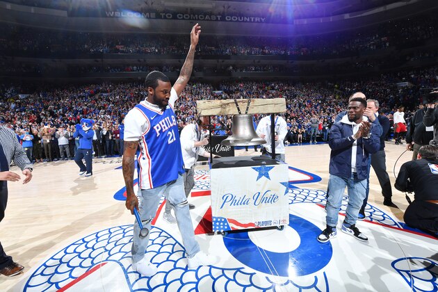 PHILADELPHIA, PA - APRIL 24: Meek Mill and Kevin Hart rings the Liberty Bell before the game between the Philadelphia 76ers and the Miami Heat in Game Five of Round One of the 2018 NBA Playoffs on April 24, 2018 at Wells Fargo Center in Philadelphia, Pennsylvania. NOTE TO USER: User expressly acknowledges and agrees that, by downloading and or using this photograph, User is consenting to the terms and conditions of the Getty Images License Agreement. Mandatory Copyright Notice: Copyright 2018 NBAE (Photo by Jesse D. Garrabrant/NBAE via Getty Images)