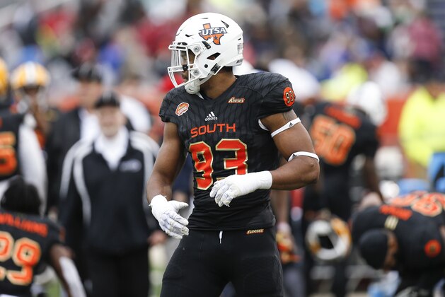 MOBILE, AL - JANUARY 27: Defensive End Marcus Davenport #93 of the Texas-San Antonio on the South Team during the 2018 Resse's Senior Bowl at Ladd-Peebles Stadium on January 27, 2018 in Mobile, Alabama. The South defeated the North 45 to 16. (Photo by Don Juan Moore/Getty Images)
