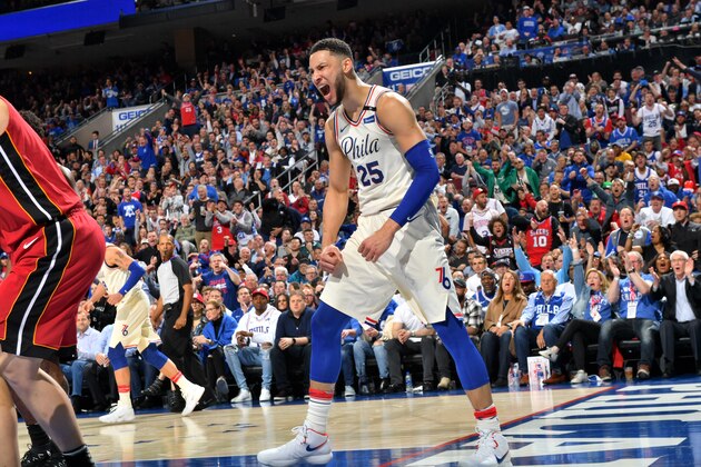 PHILADELPHIA, PA - APRIL 24: Ben Simmons #25 of the Philadelphia 76ers reacts during the game against the Miami Heat in Game Five of Round One of the 2018 NBA Playoffs on April 24, 2018 at Wells Fargo Center in Philadelphia, Pennsylvania. NOTE TO USER: User expressly acknowledges and agrees that, by downloading and or using this photograph, User is consenting to the terms and conditions of the Getty Images License Agreement. Mandatory Copyright Notice: Copyright 2018 NBAE (Photo by Jesse D. Garrabrant/NBAE via Getty Images)
