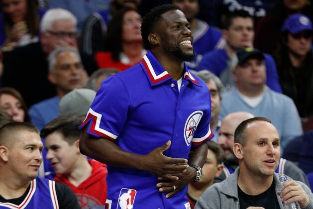 Kevin Hart reacts during the first half in Game 2 of a first-round NBA basketball playoff series between the Miami Heat and the Philadelphia 76ers, Monday, April 16, 2018, in Philadelphia. The Heat won 113-103. (AP Photo/Chris Szagola)