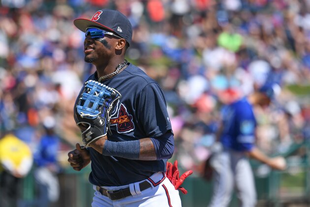 LAKE BUENA VISTA, FL - MARCH 13: Ronald Acuna #82 of the Atlanta Braves in action during the spring training game between the Atlanta Braves and the Toronto Blue Jays at Champion Stadium on March 13, 2018 in Lake Buena Vista, Florida. (Photo by B51/Mark Brown/Getty Images) *** Local Caption *** Ronald Acuna