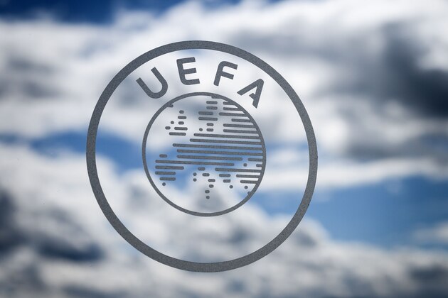 The UEFA logo is seen during the draw for the semi-finals round of the UEFA Champions League football tournament at the UEFA headquarters in Nyon on April 13, 2018.  / AFP PHOTO / Fabrice COFFRINI        (Photo credit should read FABRICE COFFRINI/AFP/Getty Images)