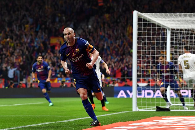 MADRID, SPAIN - APRIL 21: Andres Iniesta of Barcelona celebrates after scoring the teams fourth goal of the game during the Spanish Copa del Rey match between Barcelona and Sevilla at Wanda Metropolitano on April 21, 2018 in Barcelona, . (Photo by David Ramos/Getty Images)