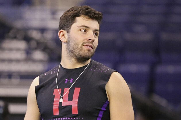 Oklahoma quarterback Baker Mayfield is seen at the 2018 NFL Scouting Combine on Saturday, March 3, 2018, in Indianapolis. (AP Photo/Gregory Payan)