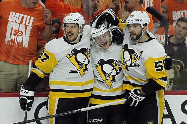 From left to right, Pittsburgh Penguins' Sidney Crosby, Jake Guentzel and Kris Letang celebrate Guentzels' goal during the third period in Game 6 of an NHL first-round hockey playoff series Sunday, April 22, 2018, in Philadelphia. (AP Photo/Tom Mihalek)