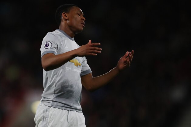 BOURNEMOUTH, ENGLAND - APRIL 18: Anthony Martial of Manchester United reacts during the Premier League match between AFC Bournemouth and Manchester United at Vitality Stadium on April 18, 2018 in Bournemouth, England. (Photo by Catherine Ivill/Getty Images)