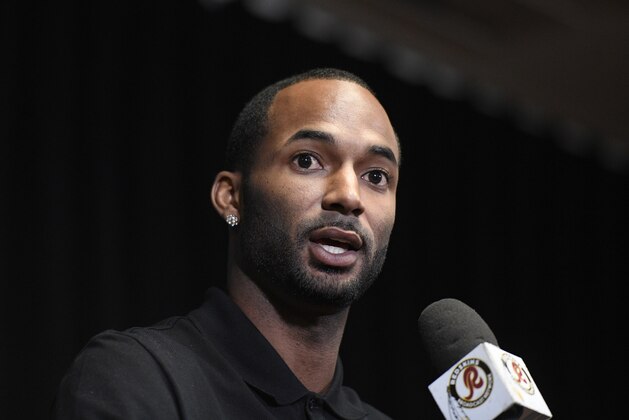 Newly signed Washington Redskins wide receiver Paul Richardson speaks during the NFL football team's news conference Thursday, March 15, 2018, in Ashburn, Va. (AP Photo/Nick Wass)