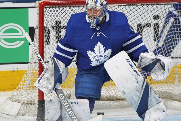 TORONTO, ON - APRIL 19:  Frederik Andersen #31 of the Toronto Maple Leafs warms up prior to playing against the Boston Bruins in Game Four of the Eastern Conference First Round in the 2018 Stanley Cup play-offs at the Air Canada Centre on April 19, 2018 in Toronto, Ontario, Canada. (Photo by Claus Andersen/Getty Images)