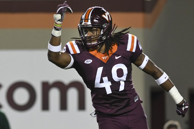 BLACKSBURG, VA - OCTOBER 20: Linebacker Tremaine Edmunds #49 of the Virginia Tech Hokies reacts following a play against the Miami Hurricanes in the first half at Lane Stadium on October 20, 2016 in Blacksburg, Virginia. Virginia Tech defeated Miami 37-16. (Photo by Michael Shroyer/Getty Images)