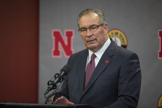 Nebraska athletic director Bill Moos speaking at a news conference announcing the firing of head football coach Mike Riley in Lincoln, Neb., Saturday, Nov. 25, 2017. (AP Photo/John Peterson)