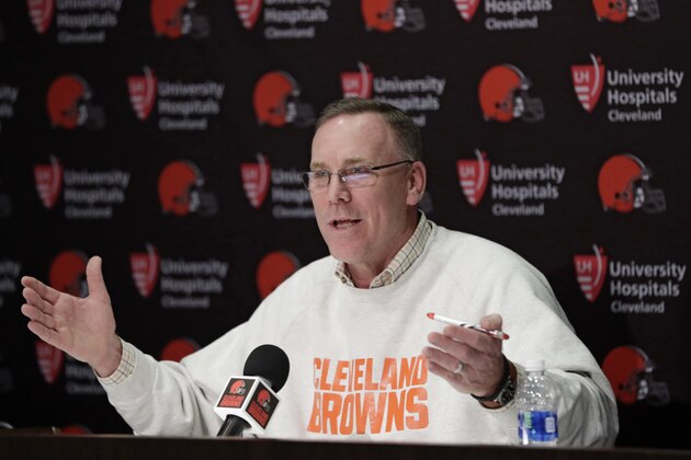 Cleveland Browns general manager John Dorsey answers questions about the draft during a news conference at the NFL football team's training camp facility, Thursday, April 19, 2018, in Berea, Ohio. (AP Photo/Tony Dejak)