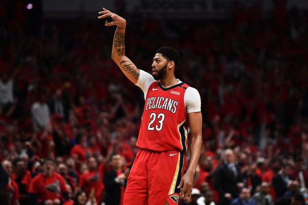 NEW ORLEANS, LA - APRIL 21:  Anthony Davis #23 of the New Orleans Pelicans reacts to a three point shot against the Portland Trail Blazers during Game Four of the first round of the Western Conference playoffs at the Smoothie King Center on April 21, 2018 in New Orleans, Louisiana.  The Pelicans defeated the Trail Blazers 131-123 to sweep the series 4-0.  NOTE TO USER: User expressly acknowledges and agrees that, by downloading and or using this photograph, User is consenting to the terms and conditions of the Getty Images License Agreement.  (Photo by Stacy Revere/Getty Images)