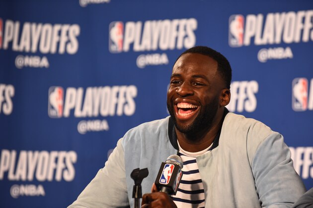 OAKLAND, CA - APRIL 24:  Draymond Green #23 of the Golden State Warriors talks with the media following Game Five of Round One of the 2018 NBA Playoffs against the San Antonio Spurs  on April 24, 2018 at ORACLE Arena in Oakland, California. NOTE TO USER: User expressly acknowledges and agrees that, by downloading and or using this photograph, user is consenting to the terms and conditions of Getty Images License Agreement. Mandatory Copyright Notice: Copyright 2018 NBAE (Photo by Noah Graham/NBAE via Getty Images)