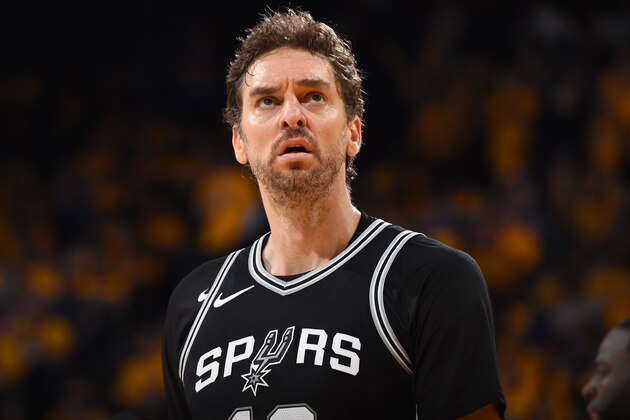 OAKLAND, CA - APRIL 24:  Pau Gasol #16 of the San Antonio Spurs looks on during the game against the Golden State Warriors in Game Five of Round One of the 2018 NBA Playoffs on April 24, 2018 at ORACLE Arena in Oakland, California. NOTE TO USER: User expressly acknowledges and agrees that, by downloading and or using this photograph, user is consenting to the terms and conditions of Getty Images License Agreement. Mandatory Copyright Notice: Copyright 2018 NBAE (Photo by Andrew D. Bernstein/NBAE via Getty Images)
