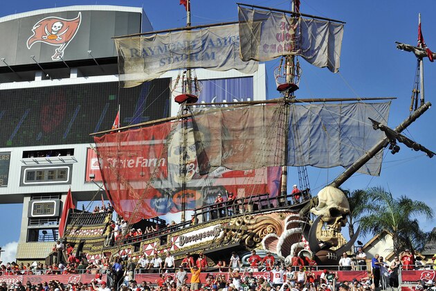FILE - In this Dec. 13, 2009, file photo, football fans cheer in the north end zone of Raymond James Stadium during an NFL football game between the Tampa Bay Buccaneers and New York Jets in Tampa, Fla. Opened in 1998, the stadium's Buccaneer Cove has 103-foot long replica of pirate ship. (AP Photo/Steve Nesius, File)