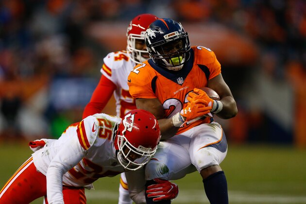 DENVER, CO - DECEMBER 31:  Running back C.J. Anderson #22 of the Denver Broncos runs with the football against cornerback Kenneth Acker #25 and defensive back Darrelle Revis #24 of the Kansas City Chiefs during the third quarter at Sports Authority Field at Mile High on December 31, 2017 in Denver, Colorado. The Chiefs defeated the Broncos 27-24. (Photo by Justin Edmonds/Getty Images)