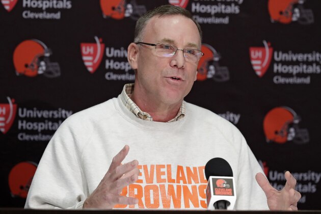 Cleveland Browns general manager John Dorsey answers questions about the draft during a news conference at the NFL football team's training camp facility, Thursday, April 19, 2018, in Berea, Ohio. (AP Photo/Tony Dejak)
