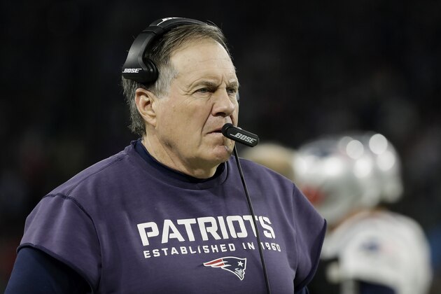 New England Patriots head coach Bill Belichick is seen during the first half of the NFL Super Bowl 52 football game against the Philadelphia Eagles Sunday, Feb. 4, 2018, in Minneapolis. (AP Photo/Mark Humphrey)