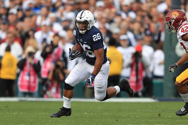 PASADENA, CA - JANUARY 02:  Running back Saquon Barkley #26 of the Penn State Nittany Lions runs with the ball against the USC Trojans during the 2017 Rose Bowl Game presented by Northwestern Mutual at the Rose Bowl on January 2, 2017 in Pasadena, California.  (Photo by Sean M. Haffey/Getty Images)