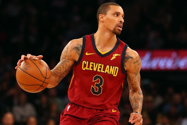 NEW YORK, NY - APRIL 09: George Hill #3 of the Cleveland Cavaliers handles the ball in the first half against the New York Knicks at Madison Square Garden on April 9, 2018 in New York City. NOTE TO USER: User expressly acknowledges and agrees that, by downloading and or using this photograph, User is consenting to the terms and conditions of the Getty Images License Agreement.  (Photo by Mike Lawrie/Getty Images)