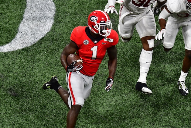 ATLANTA, GA - JANUARY 08: Sony Michel #1 of the Georgia Bulldogs carries the ball against the Alabama Crimson Tide in the CFP National Championship presented by AT&T at Mercedes-Benz Stadium on January 8, 2018 in Atlanta, Georgia. (Photo by Scott Cunningham/Getty Images)
