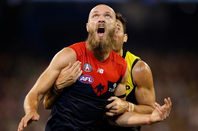 MELBOURNE, AUSTRALIA - APRIL 24: Max Gawn of the Demons and Toby Nankervis of the Tigers compete in a ruck contest during the 2018 AFL round five match between the Melbourne Demons and the Richmond Tigers at the Melbourne Cricket Ground on April 24, 2018 in Melbourne, Australia. (Photo by Adam Trafford/AFL Media/Getty Images)