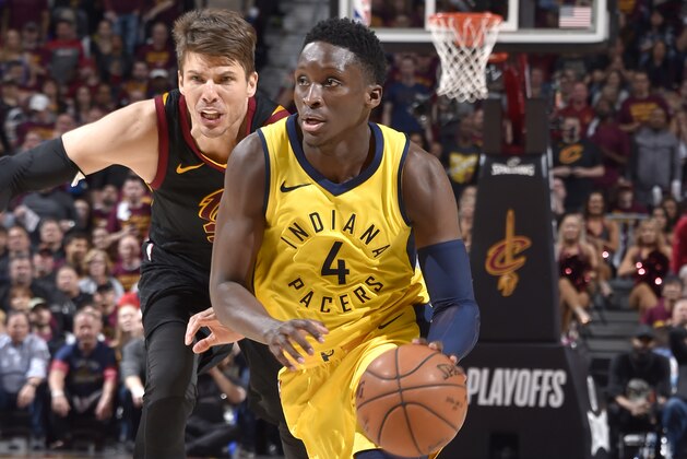 CLEVELAND, OH - APRIL 25: Victor Oladipo #4 of the Indiana Pacers handles the ball against the Cleveland Cavaliers in Game Five of Round One of the 2018 NBA Playoffs between the Indiana Pacers and Cleveland Cavaliers on April 25, 2018 at Quicken Loans Arena in Cleveland, Ohio. NOTE TO USER: User expressly acknowledges and agrees that, by downloading and/or using this Photograph, user is consenting to the terms and conditions of the Getty Images License Agreement. Mandatory Copyright Notice: Copyright 2018 NBAE  (Photo by David Liam Kyle/NBAE via Getty Images)