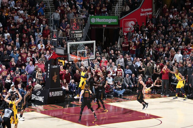CLEVELAND, OH - APRIL 25:  LeBron James #23 of the Cleveland Cavaliers blocks the shot of Victor Oladipo #4 of the Indiana Pacers in Game Five of Round One of the 2018 NBA Playoffs on April 25, 2018 at Quicken Loans Arena in Cleveland, Ohio. NOTE TO USER: User expressly acknowledges and agrees that, by downloading and or using this photograph, user is consenting to the terms and conditions of Getty Images License Agreement. Mandatory Copyright Notice: Copyright 2018 NBAE (Photo by Nathaniel S. Butler/NBAE via Getty Images)