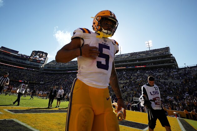 BATON ROUGE, LA - NOVEMBER 11:  Derrius Guice #5 of the LSU Tigers walks off the field after playing the Arkansas Razorbacks at Tiger Stadium on November 11, 2017 in Baton Rouge, Louisiana.  (Photo by Chris Graythen/Getty Images)