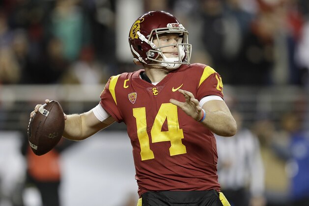 Southern California quarterback Sam Darnold (14) passes against Stanford during the second half of the Pac-12 Conference championship NCAA college football game in Santa Clara, Calif., Friday, Dec. 1, 2017. (AP Photo/Marcio Jose Sanchez)
